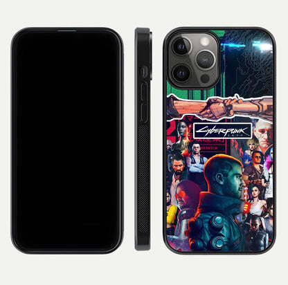CYBERPUNK Legacy Glass Case for iPhone 12 Pro Max dual-view layout showing cyberpunk hues and glass precision