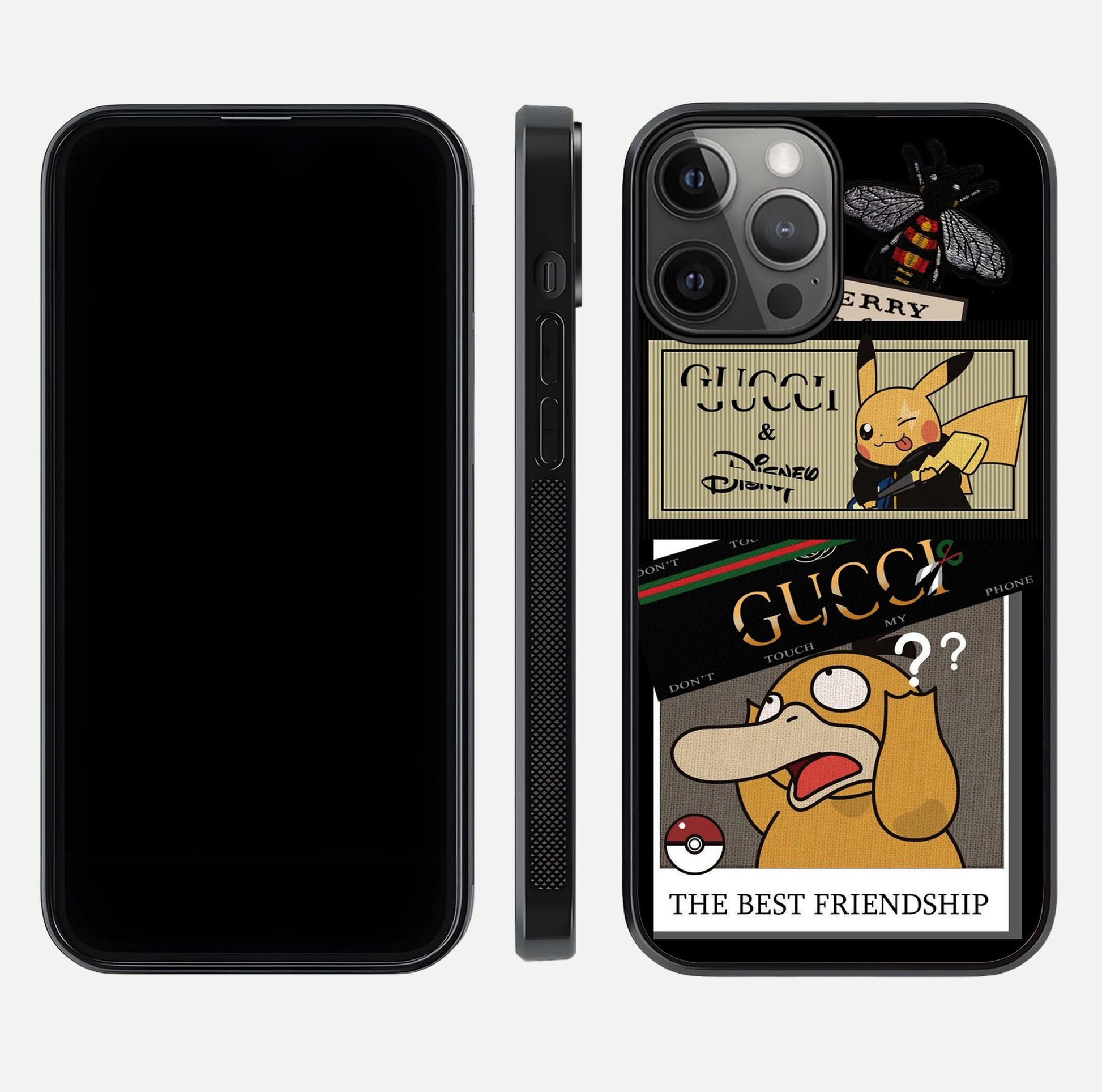 Cartoon Brand Play Mashup Glass Case for iPhone 12 Pro Max front and back view layout highlighting multi-logo artwork and curved edges