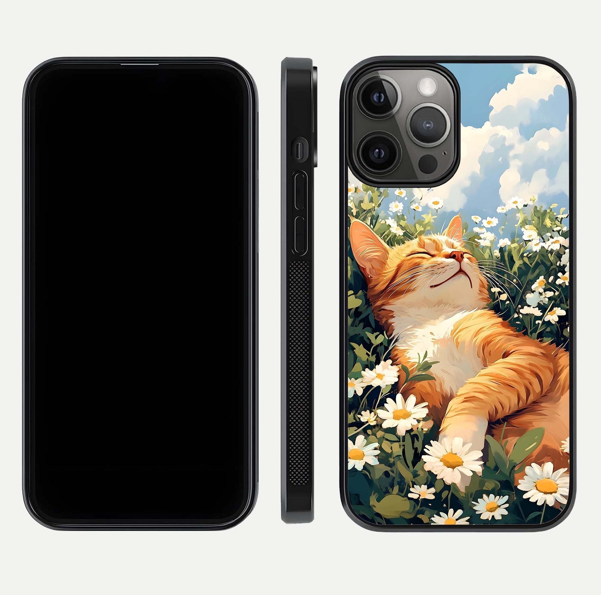 Cat & Flowers View Glass Case for iPhone 12 Pro Max front-and-back layout showing floral balance and gloss surface