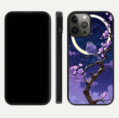 Celestial Bird Blossom Glass Case for iPhone 12 Pro Max dual-view layout showing art composition and edge clarity