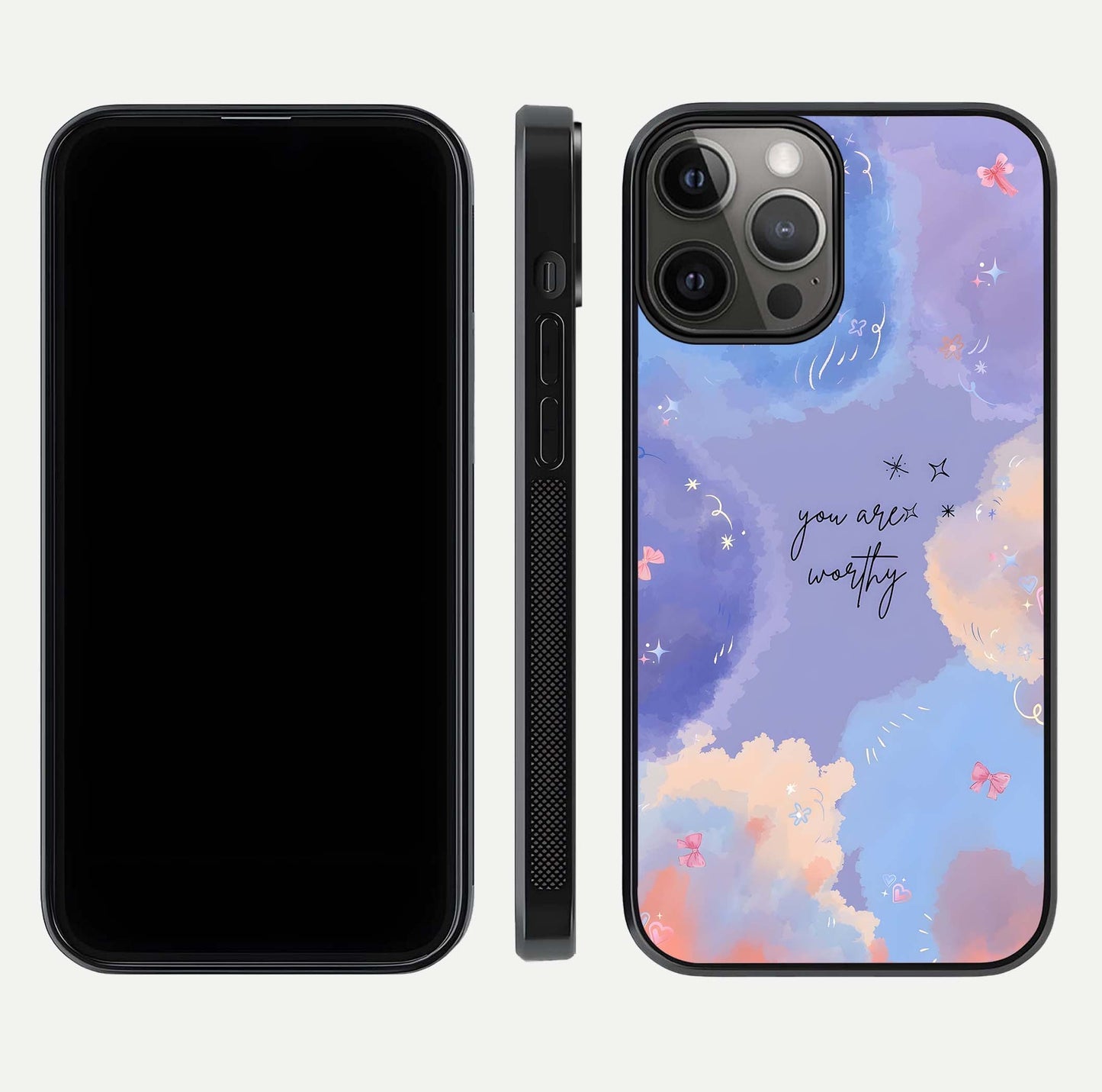 Celestial Cloud Magic Glass Case for iPhone 12 Pro Max dual-view layout showcasing soft color transition and gloss shine