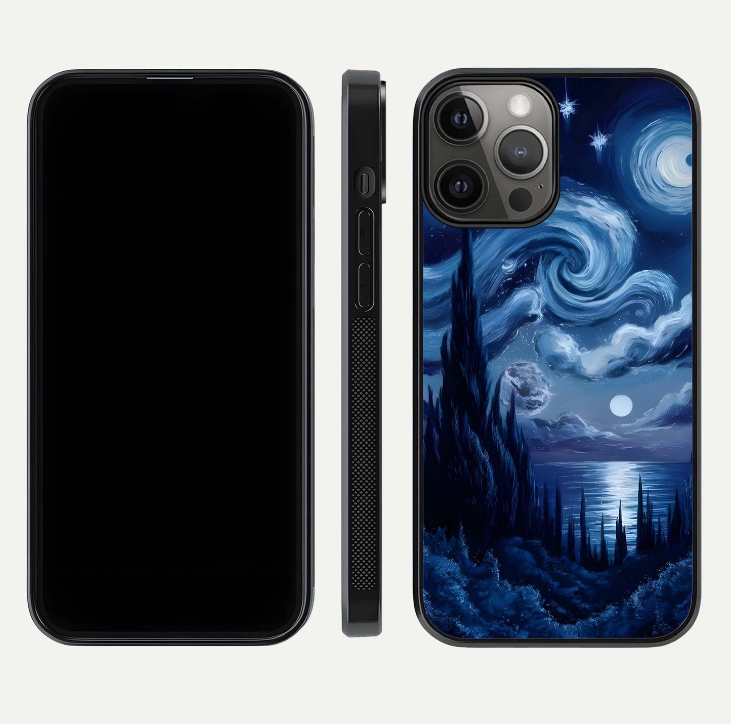 Celestial Dream Van Gogh Glass Case for iPhone 12 Pro Max dual-view layout displaying art texture and glass polish