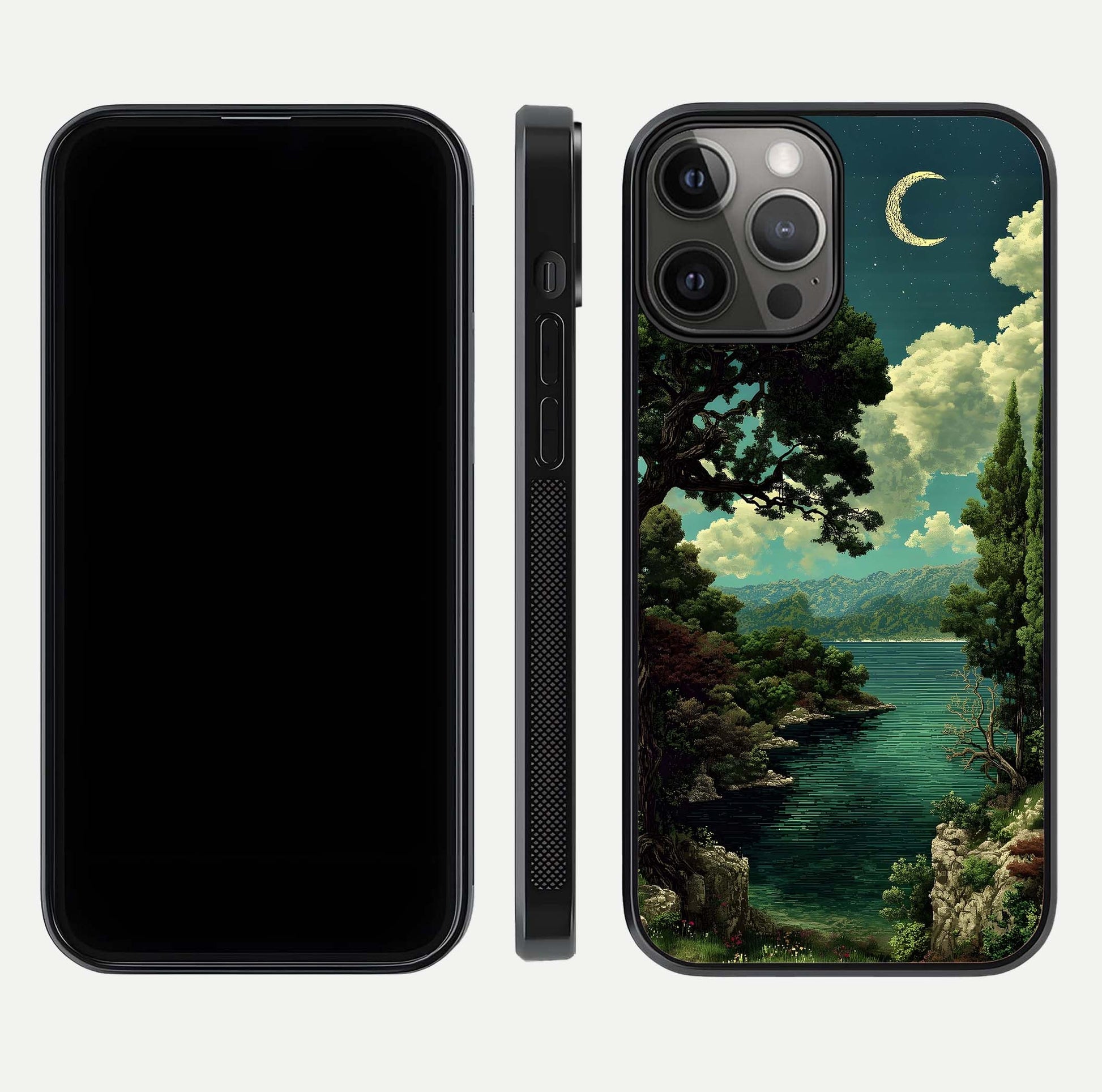 Celestial Lake Peace Glass Case for iPhone 12 Pro Max dual-view layout showing soft hues and HD shine