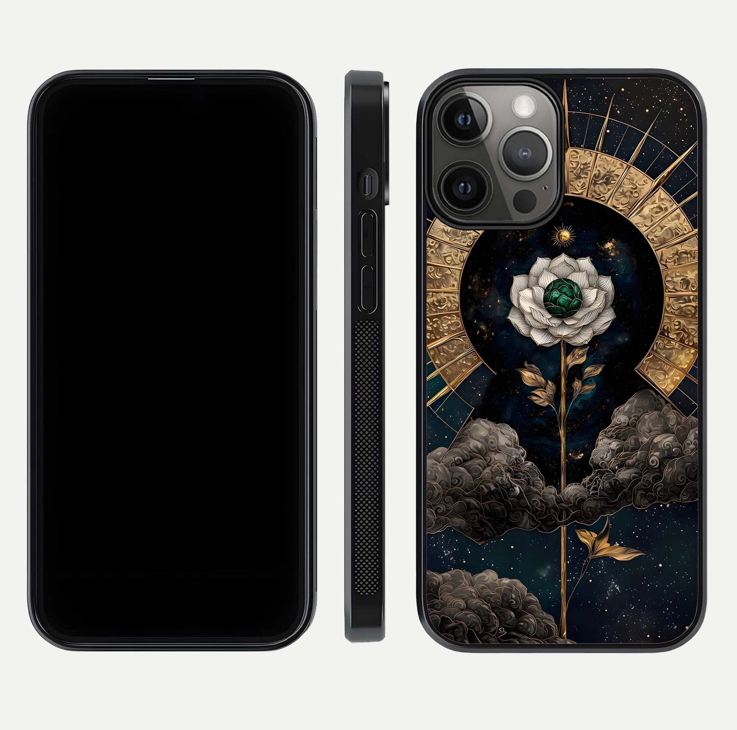 Celestial Lotus Morang Glass Case for iPhone 12 Pro Max dual-view layout displaying floral symmetry and polished edges