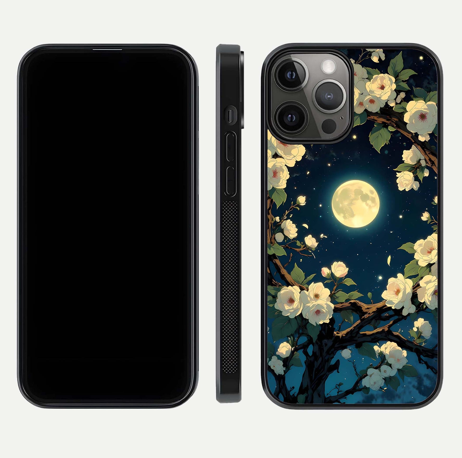 Celestial Moon & Flower Glass Case for iPhone 12 Pro Max dual-view layout showing balanced lunar art and gloss tone