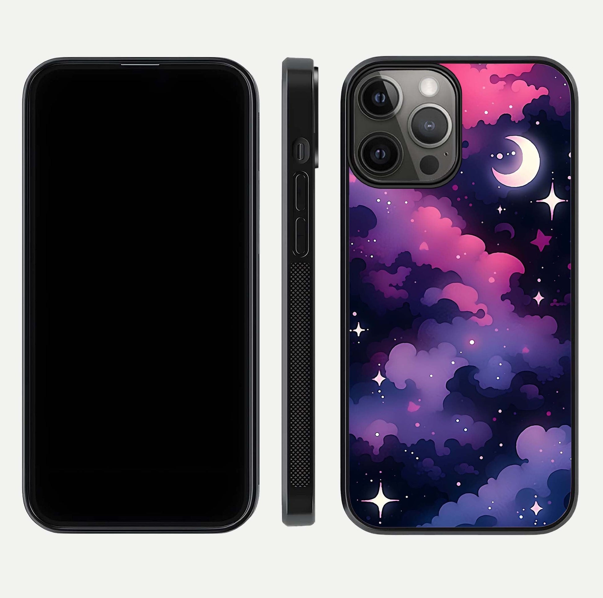 Celestial Moon Magic Glass Case for iPhone 12 Pro Max dual-view layout displaying lunar design and sleek edges
