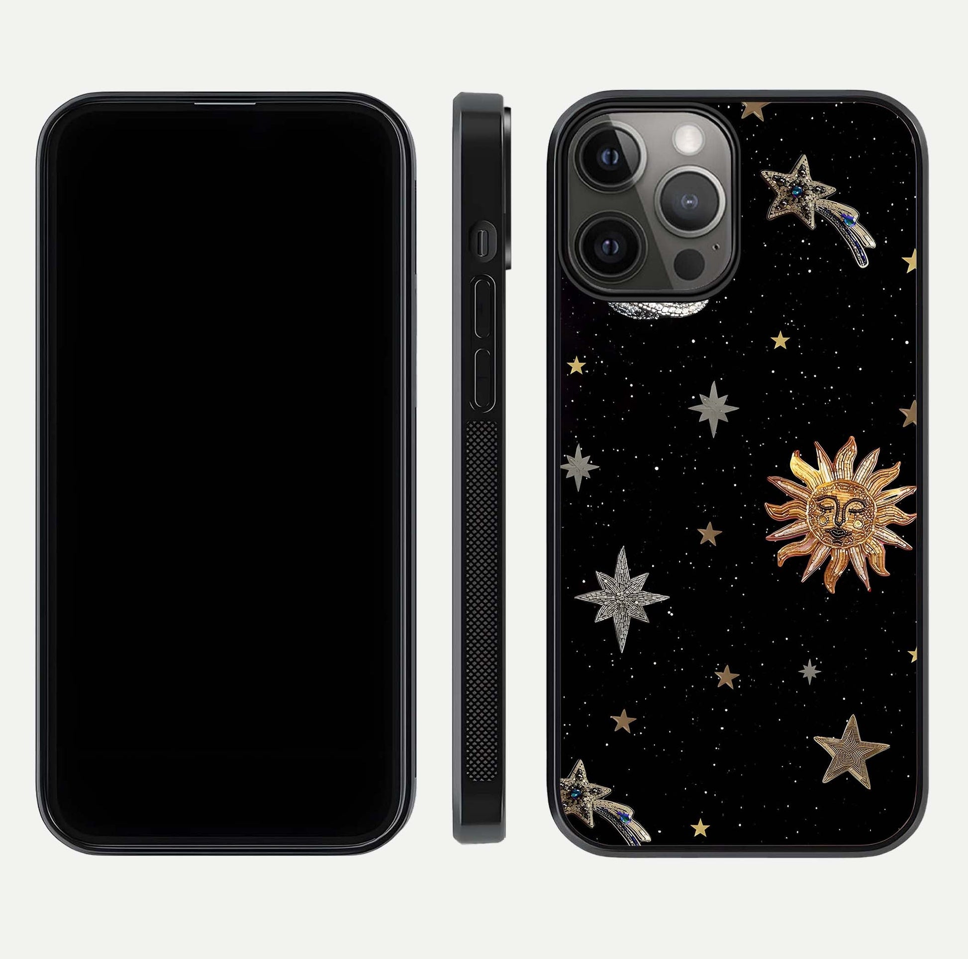 Celestial Moon With Stars Glass Case for iPhone 12 Pro Max front-and-back layout displaying lunar art and premium finish