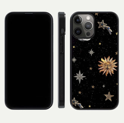 Celestial Moon With Stars Glass Case for iPhone 12 Pro Max front-and-back layout displaying lunar art and premium finish