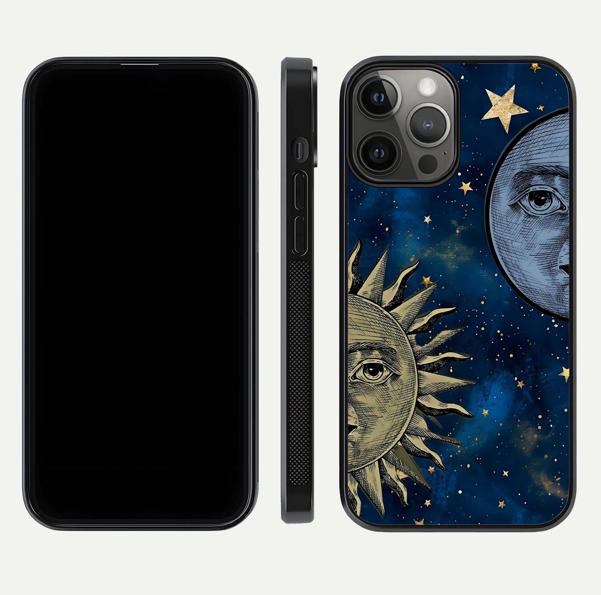 Celestial Moon With Sun Glass Case for iPhone 12 Pro Max dual-view layout showing luminous pattern and curved edges