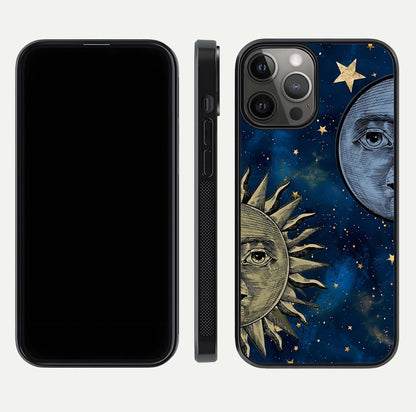 Celestial Moon With Sun Glass Case for iPhone 12 Pro Max dual-view layout showing luminous pattern and curved edges