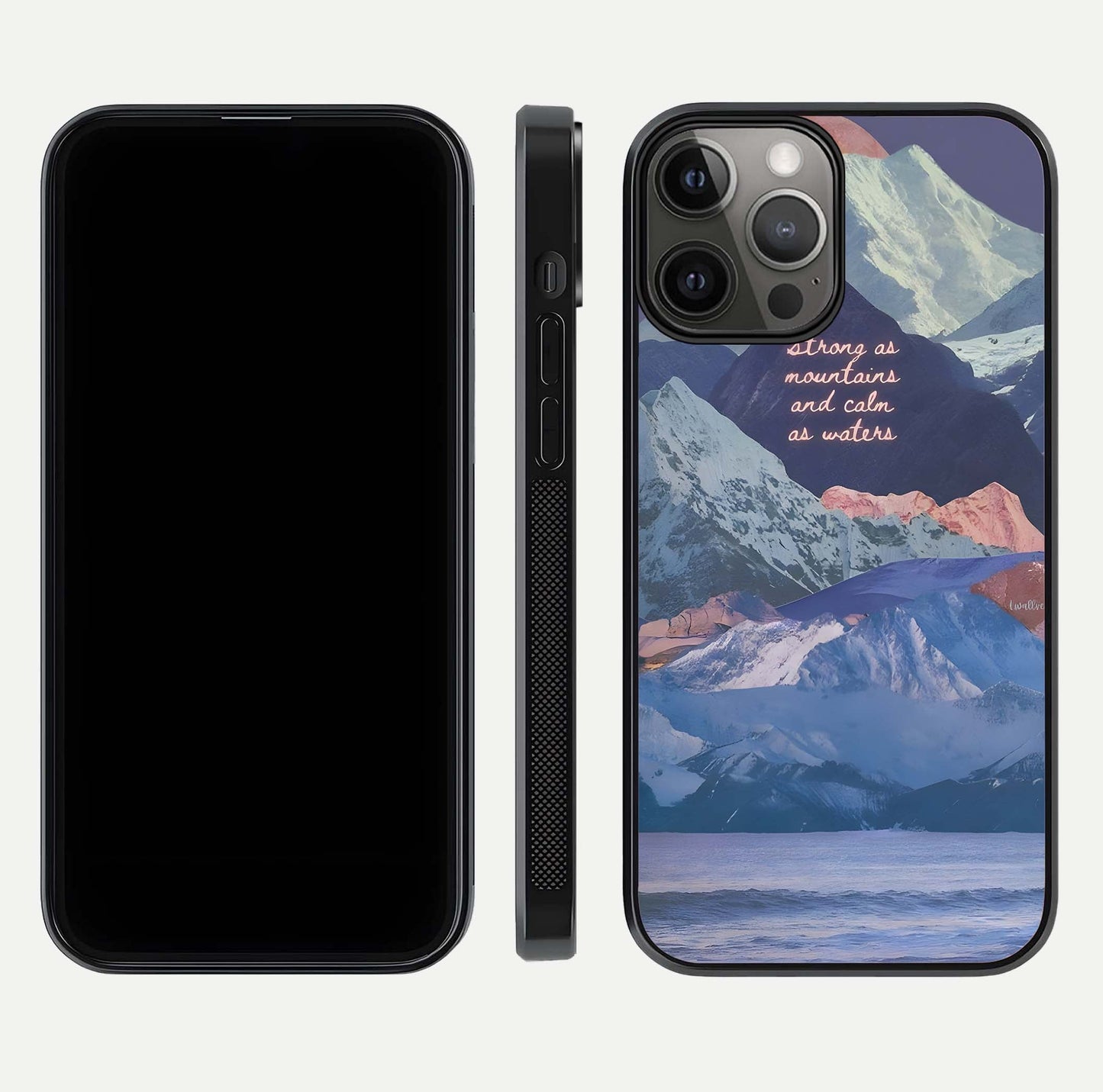 Celestial Mountain Calm Glass Case for iPhone 12 Pro Max dual-view layout displaying scenic tones and curved finish
