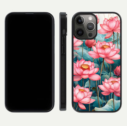 Celestial Pink Lotus Glass Case for iPhone 12 Pro Max dual-view layout showing floral center and smooth edges