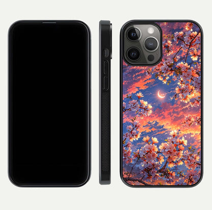 Celestial Sakura Sunset Glass Case for iPhone 12 Pro Max dual-view layout showing floral gradient and reflection polish