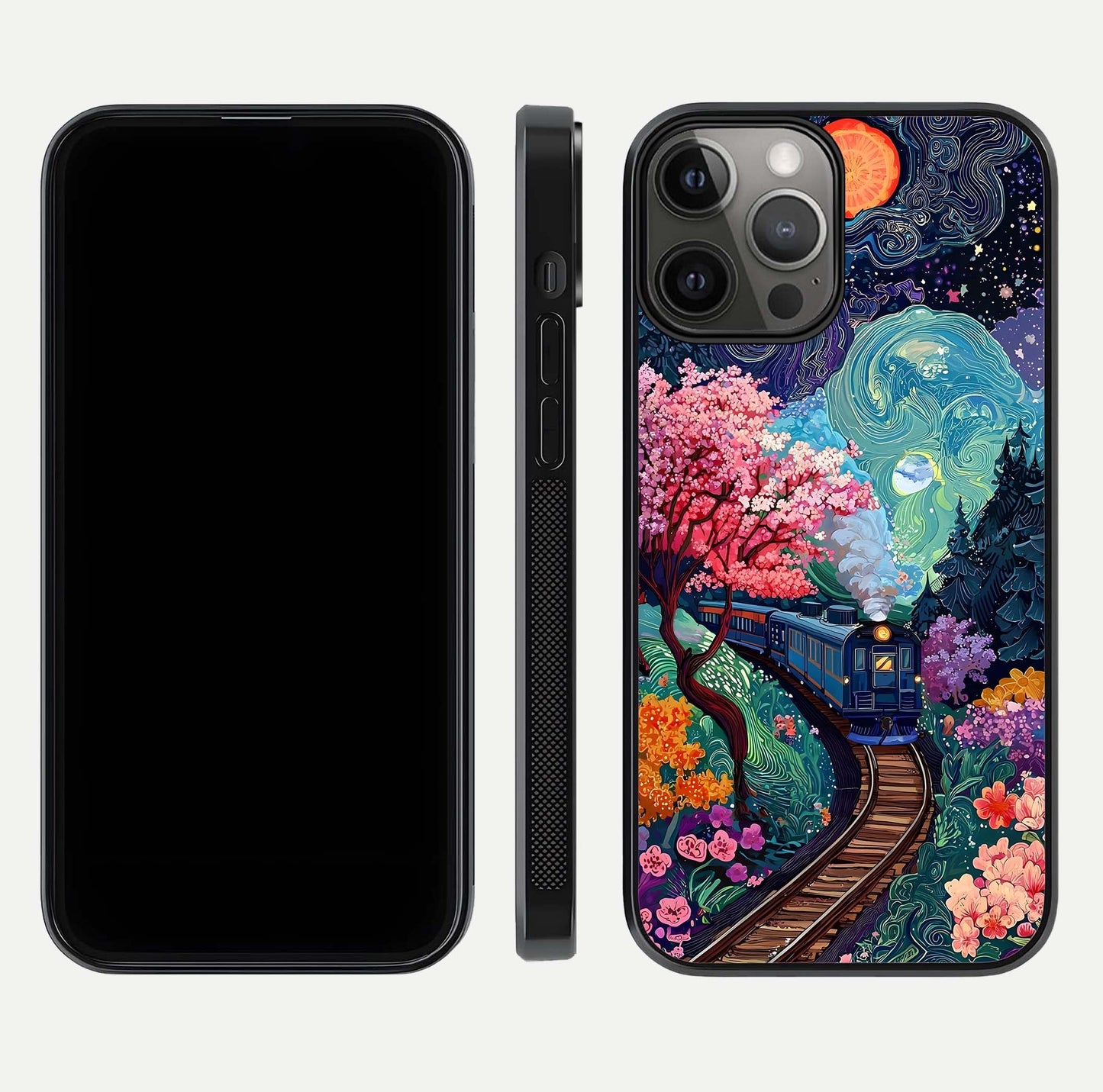 Celestial Train Journey Glass Case for iPhone 12 Pro Max dual-view layout showing cosmic art balance and curved glass edges
