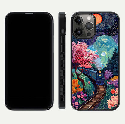 Celestial Train Journey Glass Case for iPhone 12 Pro Max dual-view layout showing cosmic art balance and curved glass edges
