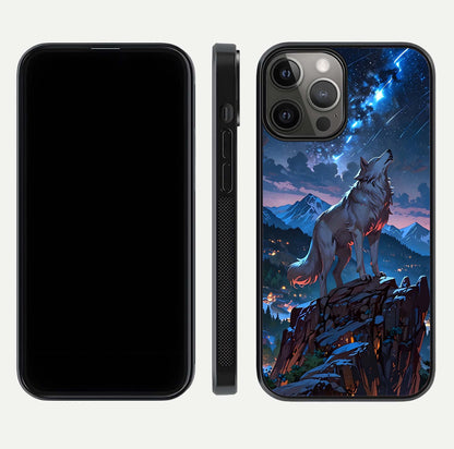 Celestial Wolf Howl Glass Case for iPhone 12 Pro Max dual-view layout displaying night tones and protective glass edges