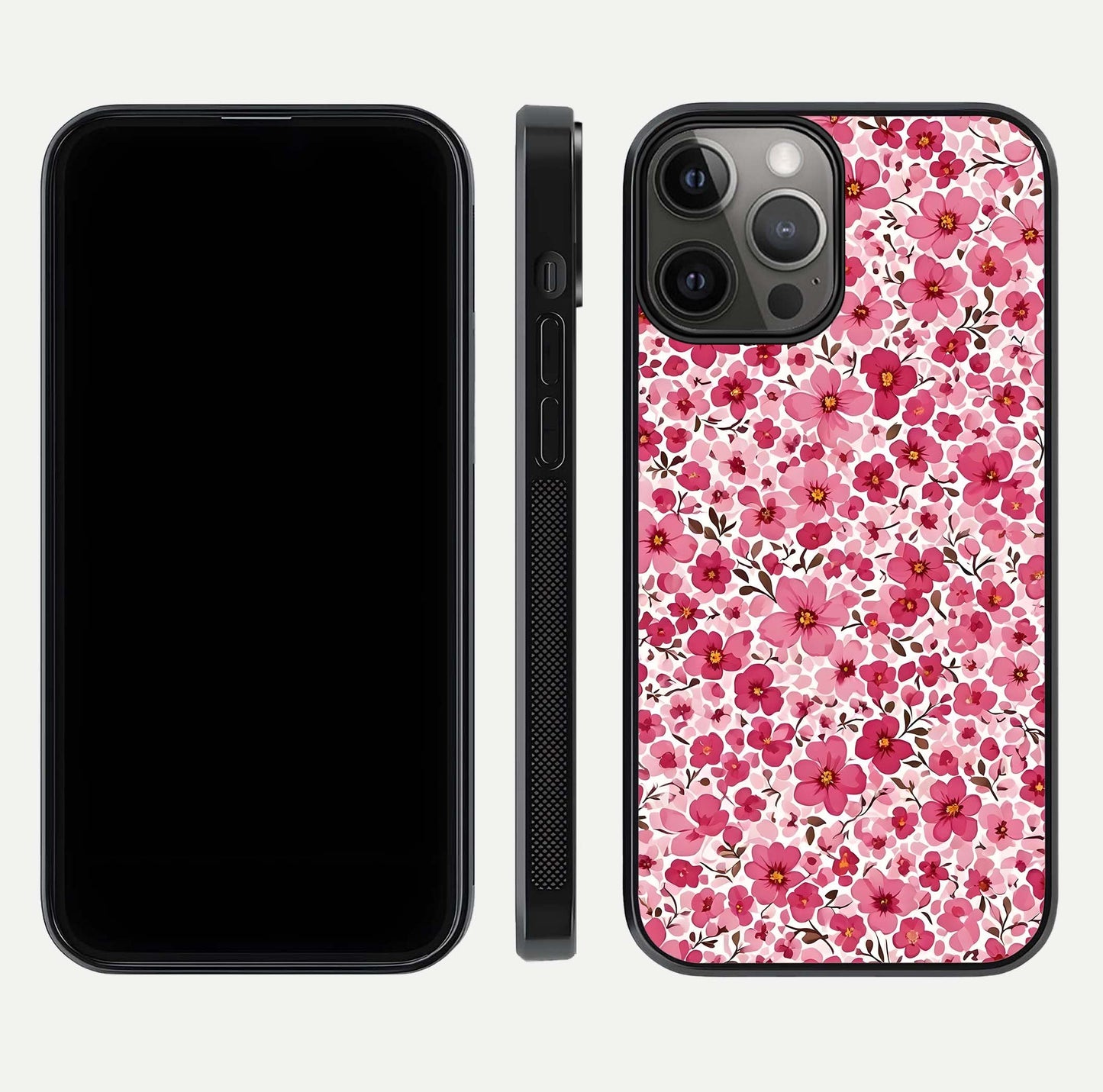Cherry Blossom Charm Glass Case for iPhone 12 Pro Max dual-view layout showing elegant floral balance and HD gloss