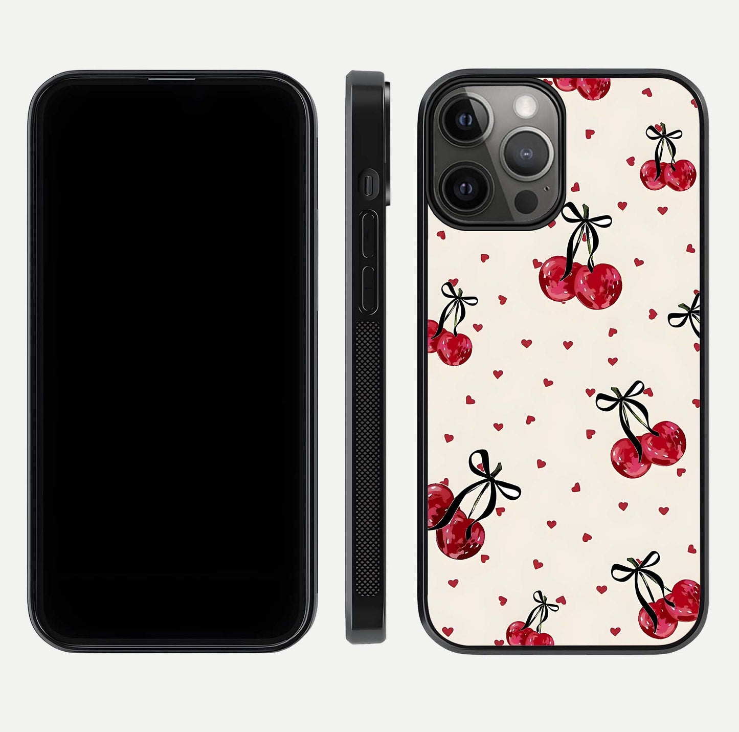 Cherry Heart Bow Glass Case for iPhone 12 Pro Max front-and-back view showing design clarity and edge protection