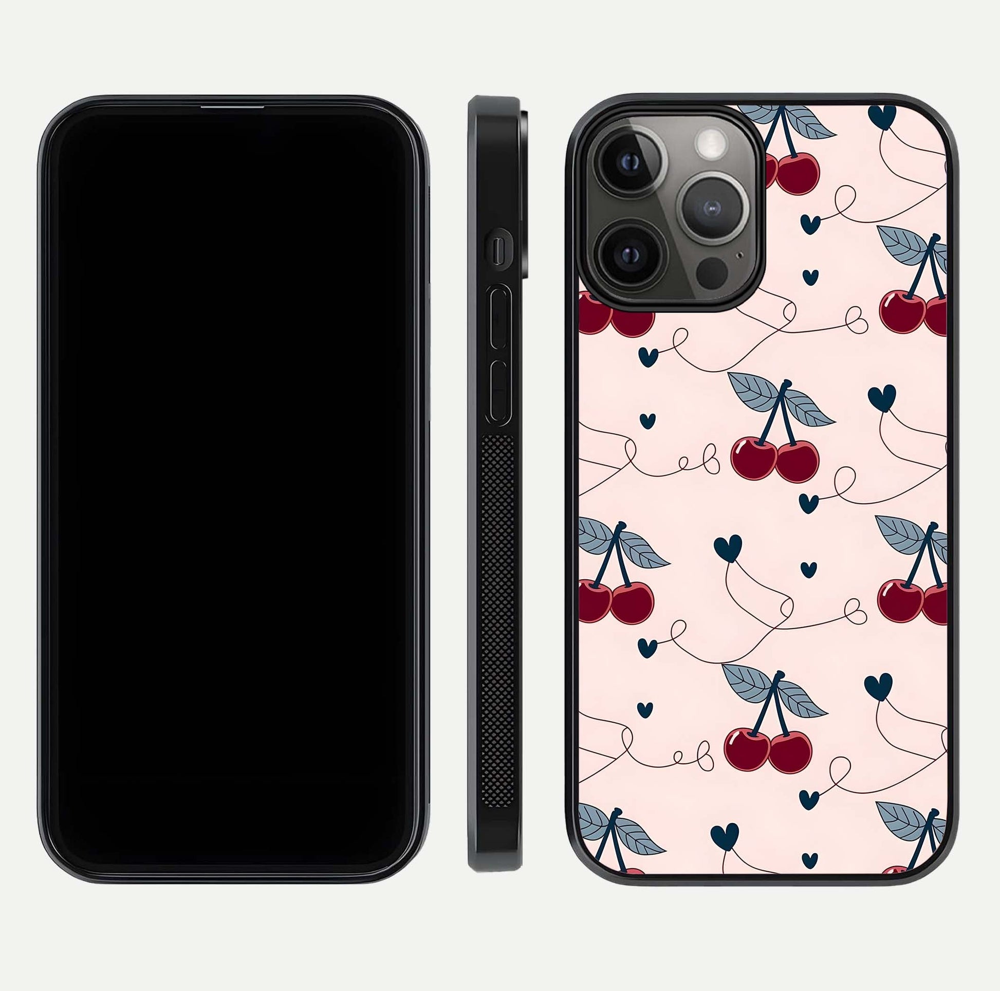 Cherry Heart Line Glass Case for iPhone 12 Pro Max dual-view layout displaying minimal cherry motif and edge design