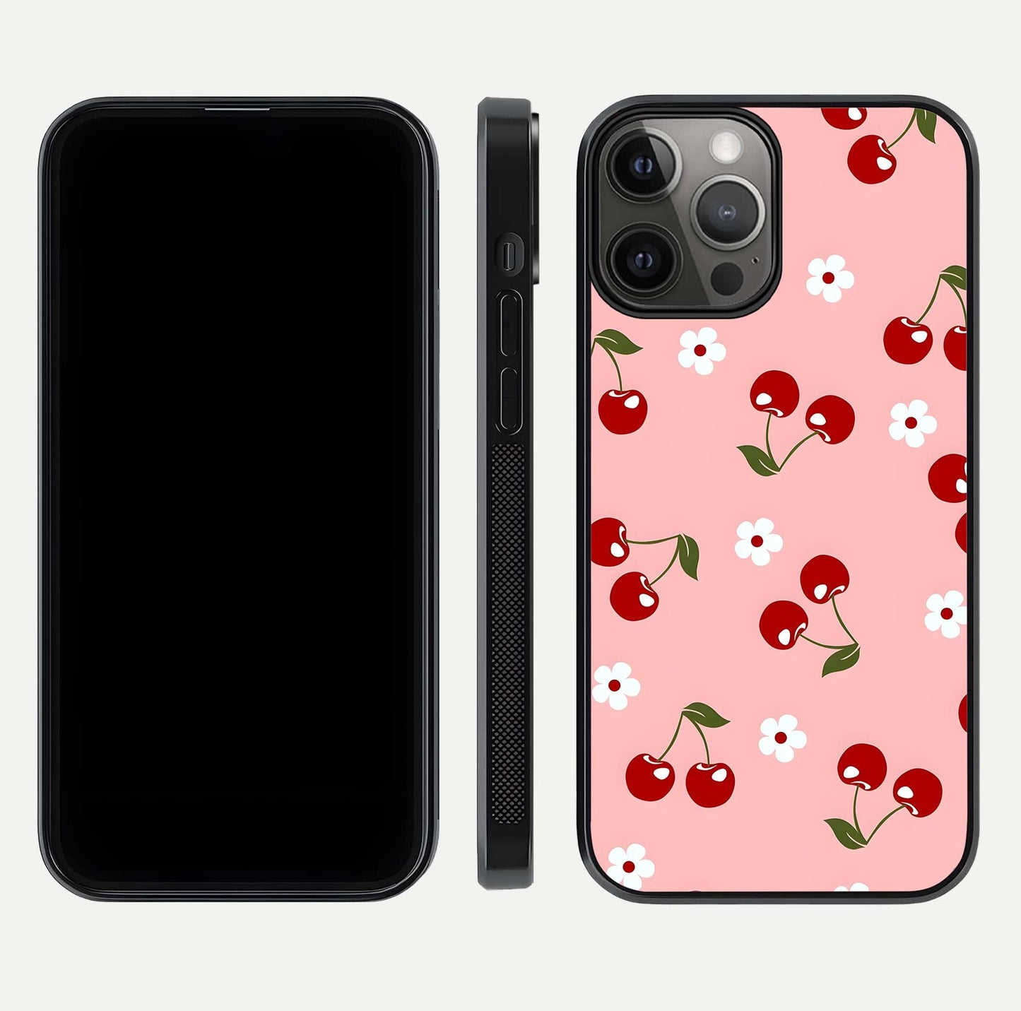 Cherry Love Mood Glass Case for iPhone 12 Pro Max dual-view layout showing design alignment and curved edges
