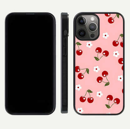 Cherry Love Mood Glass Case for iPhone 12 Pro Max dual-view layout showing design alignment and curved edges
