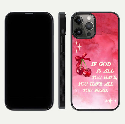 Cherry Quote Glass Case for iPhone 12 Pro Max dual-view layout showing red cherry tones and text balance