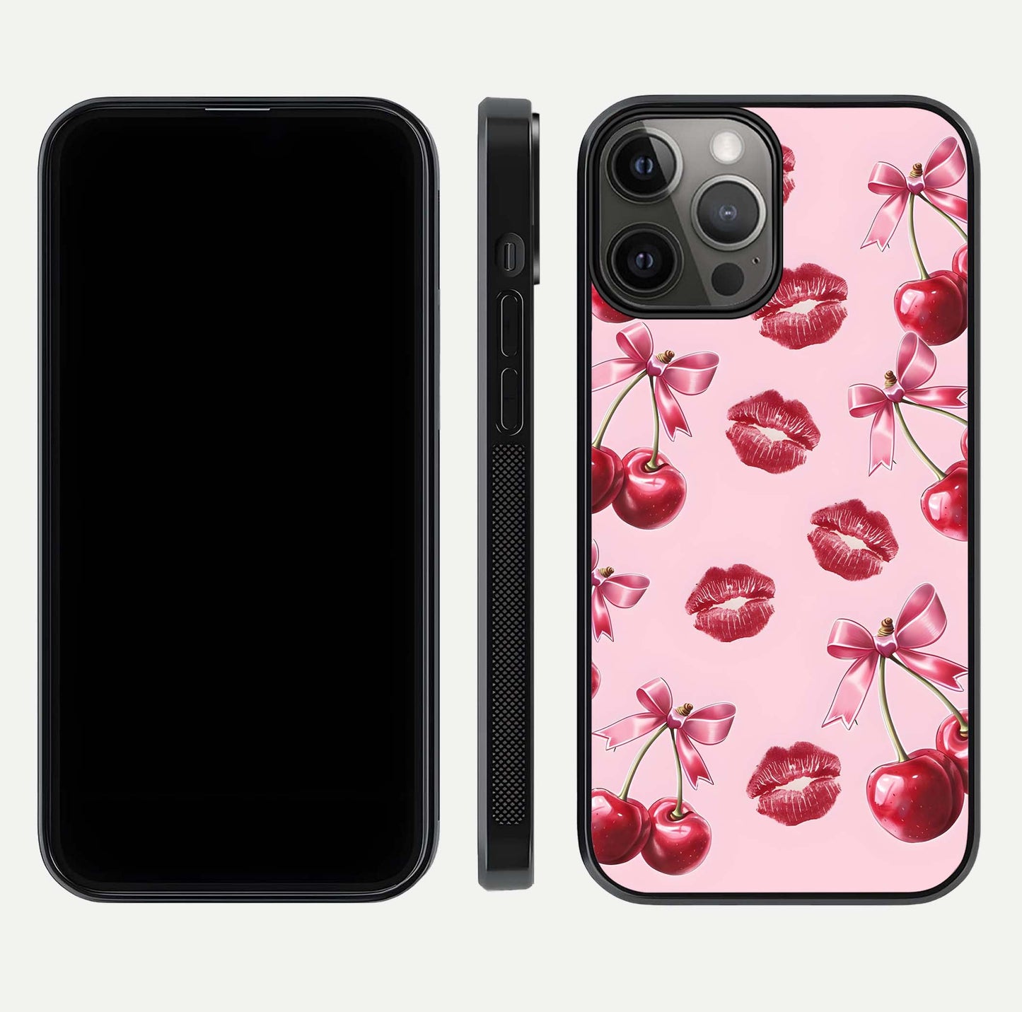 Cherry With Lips Glass Case for iPhone 12 Pro Max front-and-back layout displaying detailed design and glass finish