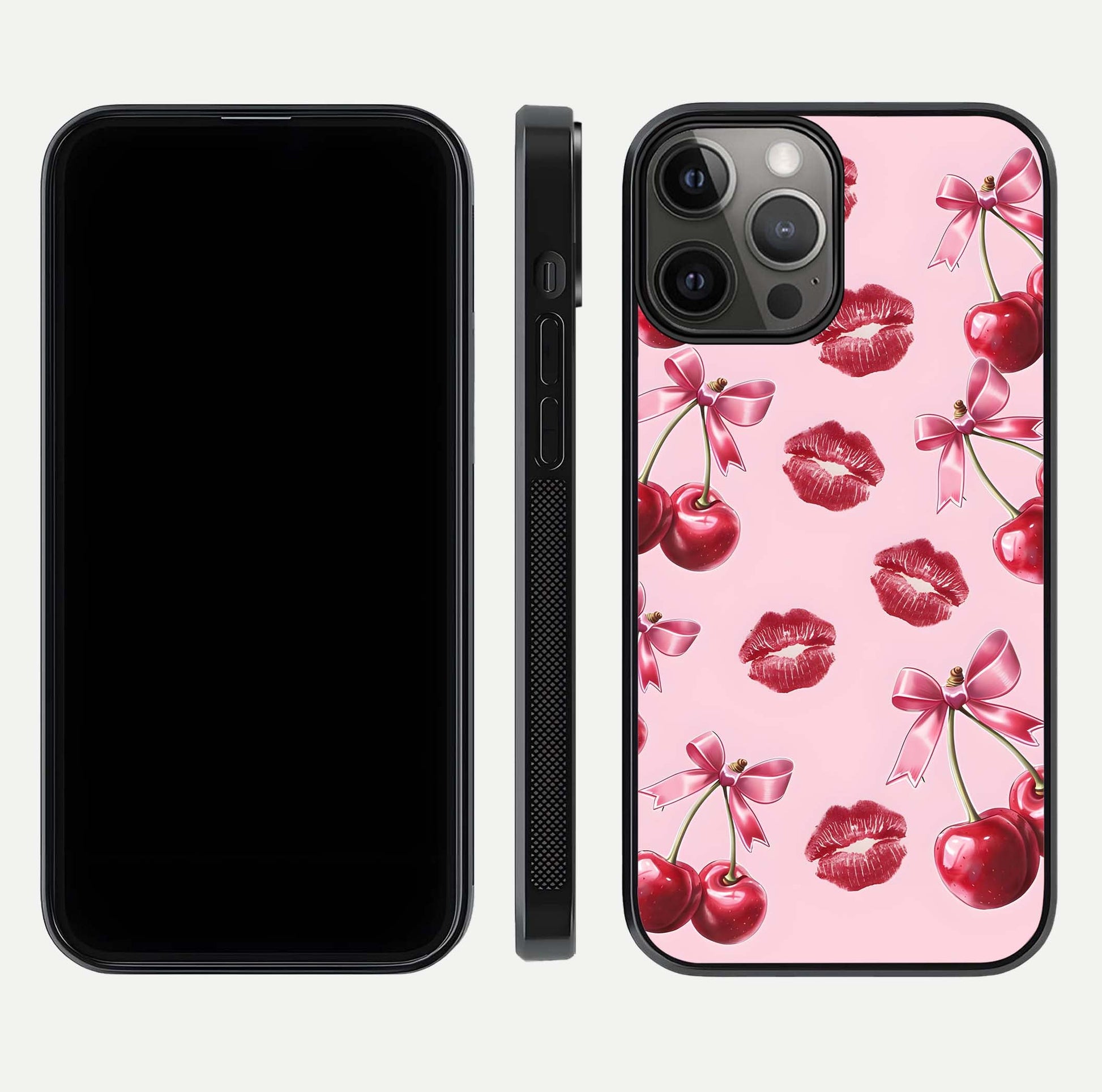 Cherry With Lips Glass Case for iPhone 12 Pro Max front-and-back layout displaying detailed design and glass finish