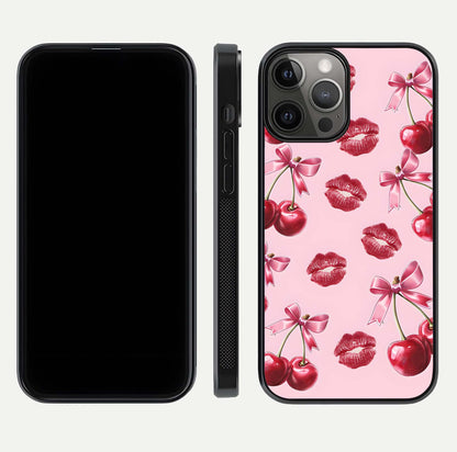 Cherry With Lips Glass Case for iPhone 12 Pro Max front-and-back layout displaying detailed design and glass finish