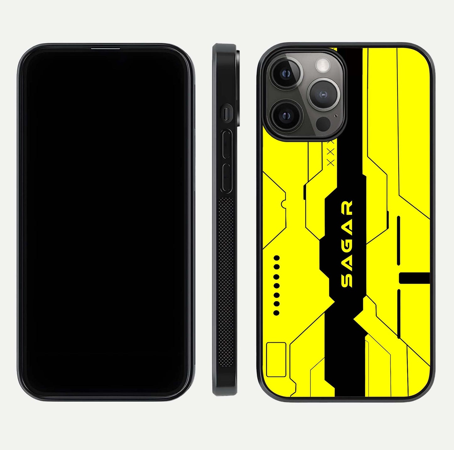 Circuit CYBERPUNK Custom Name Glass Case for iPhone 12 Pro Max dual-view layout showing bold tech art and edge clarity