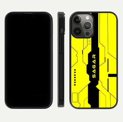 Circuit CYBERPUNK Custom Name Glass Case for iPhone 12 Pro Max dual-view layout showing bold tech art and edge clarity