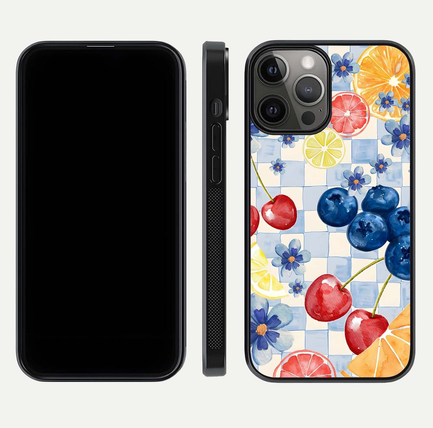 Citrus Bloom Joy Glass Case for iPhone 12 Pro Max dual-view layout displaying colorful print and smooth edges