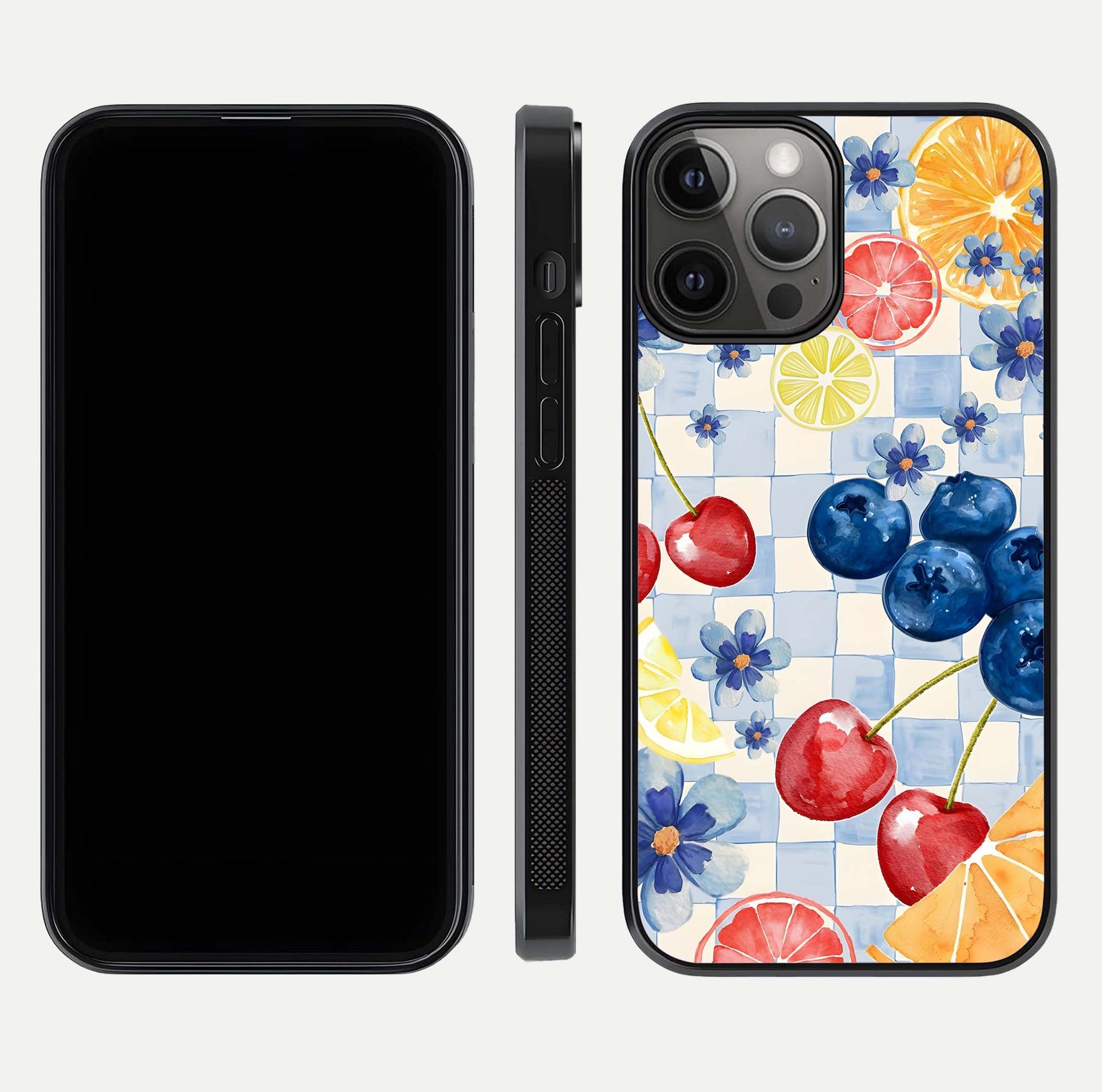 Citrus Bloom Joy Glass Case for iPhone 12 Pro Max dual-view layout displaying colorful print and smooth edges