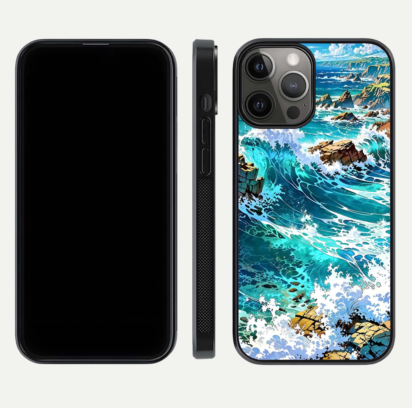 Coastal Blue Waves Glass Case for iPhone 12 Pro Max dual-view layout displaying sea tones and curved finish