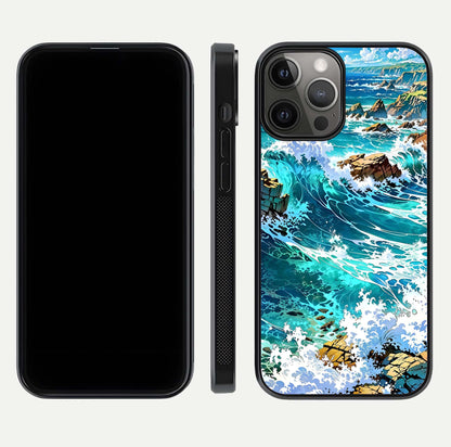 Coastal Blue Waves Glass Case for iPhone 12 Pro Max dual-view layout displaying sea tones and curved finish