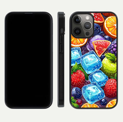 Colorful Fruits with Ice Glass Case for iPhone 12 Pro Max dual-view layout showing fresh tones and polished edges