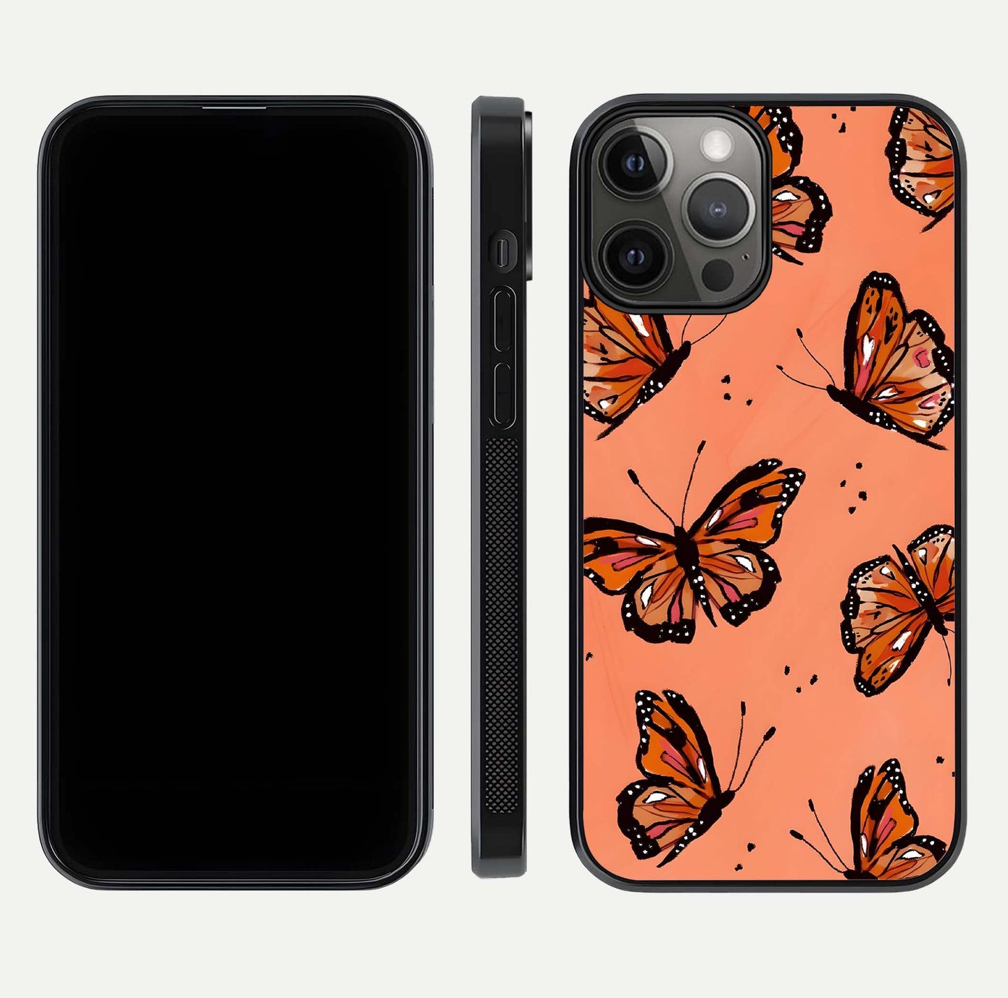 Coral Wing Butterfly Glass Case for iPhone 12 Pro Max dual-view layout displaying soft floral tones and curved edges