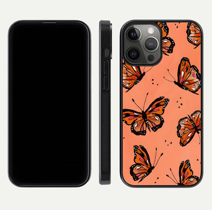 Coral Wing Butterfly Glass Case for iPhone 12 Pro Max dual-view layout displaying soft floral tones and curved edges