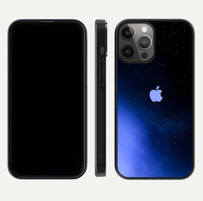 Cosmic Blue Apple Glass Case for iPhone 12 Pro Max dual-view layout displaying cosmic tones and glass edges