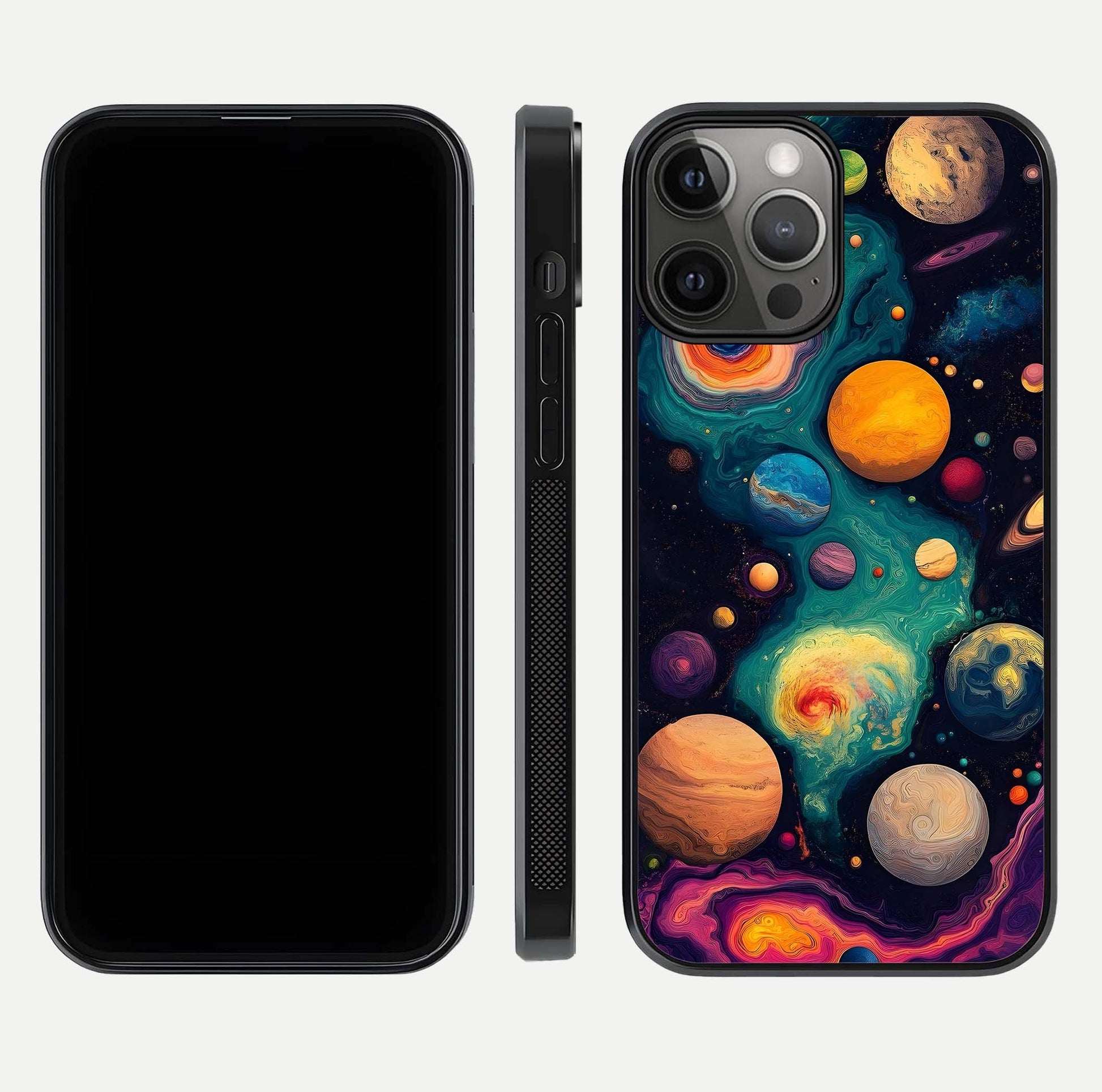 Cosmic Planet Journey Glass Case for iPhone 12 Pro Max dual-view layout displaying colorful cosmic balance