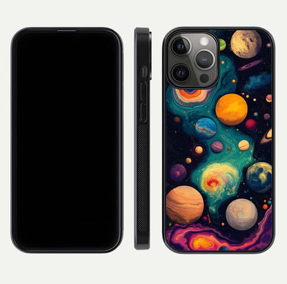 Cosmic Planet Journey Glass Case for iPhone 12 Pro Max dual-view layout displaying colorful cosmic balance