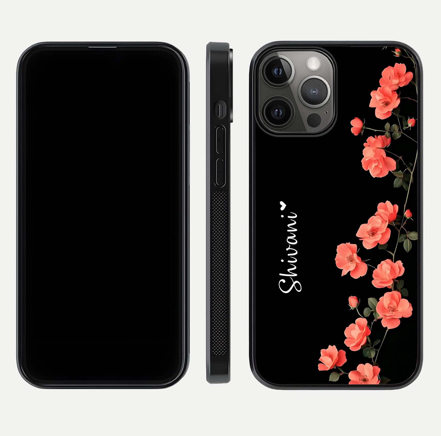 Crimson Bloom Grace Custom Name Glass Case for iPhone 12 Pro Max dual-view layout displaying custom text and smooth curved edges