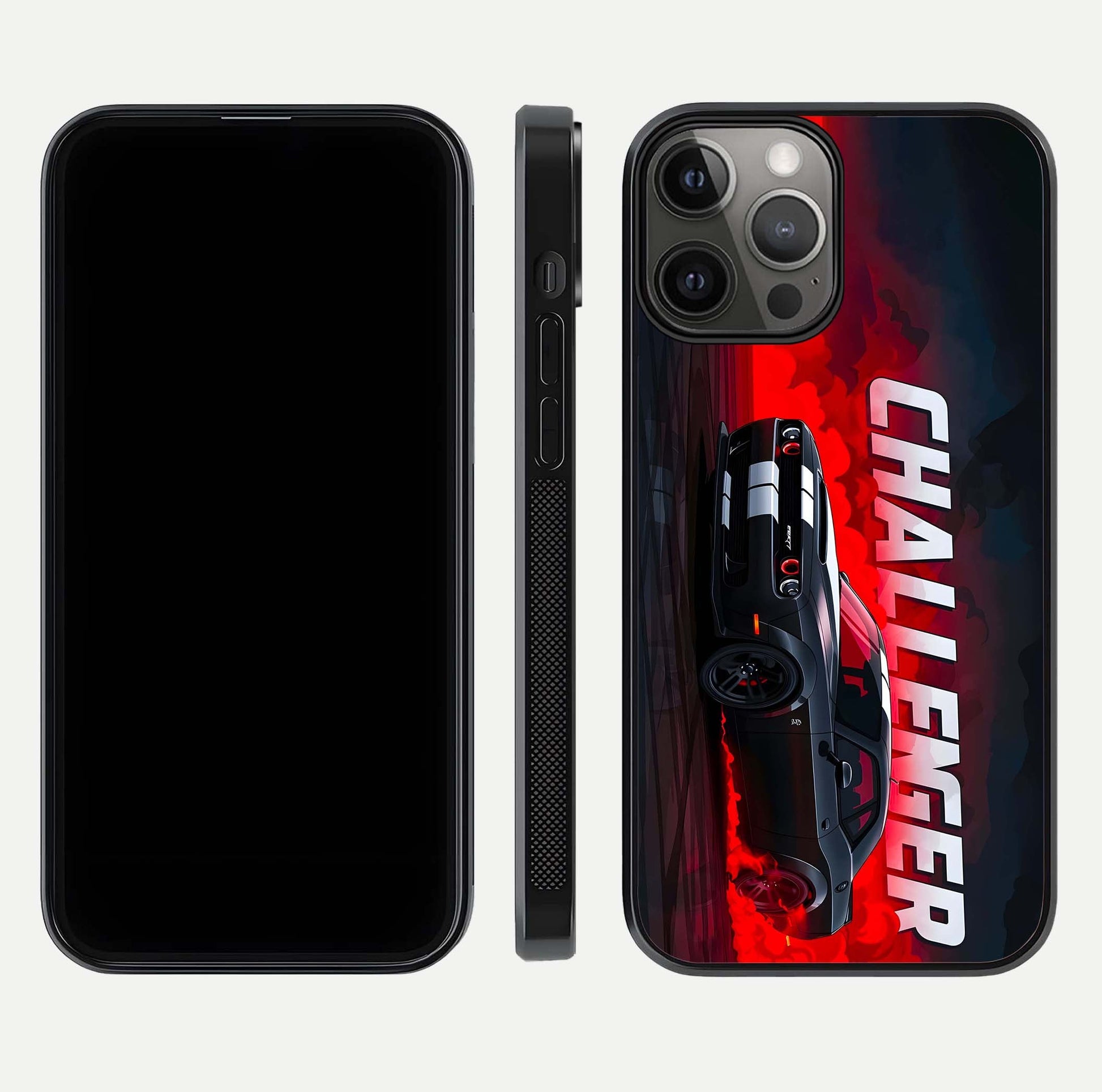Crimson Challenger Fury Glass Case for iPhone 12 Pro Max dual-view layout displaying bold tones and edge polish