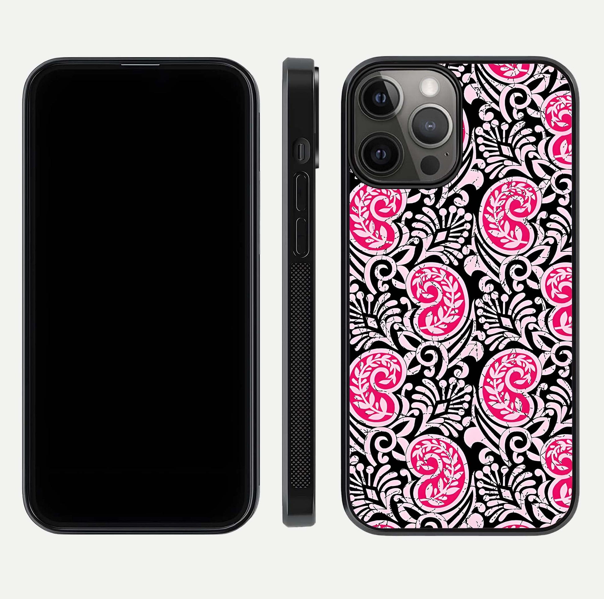 Crimson Paisley Charm Glass Case for iPhone 12 Pro Max dual-view layout displaying HD print and curved polish