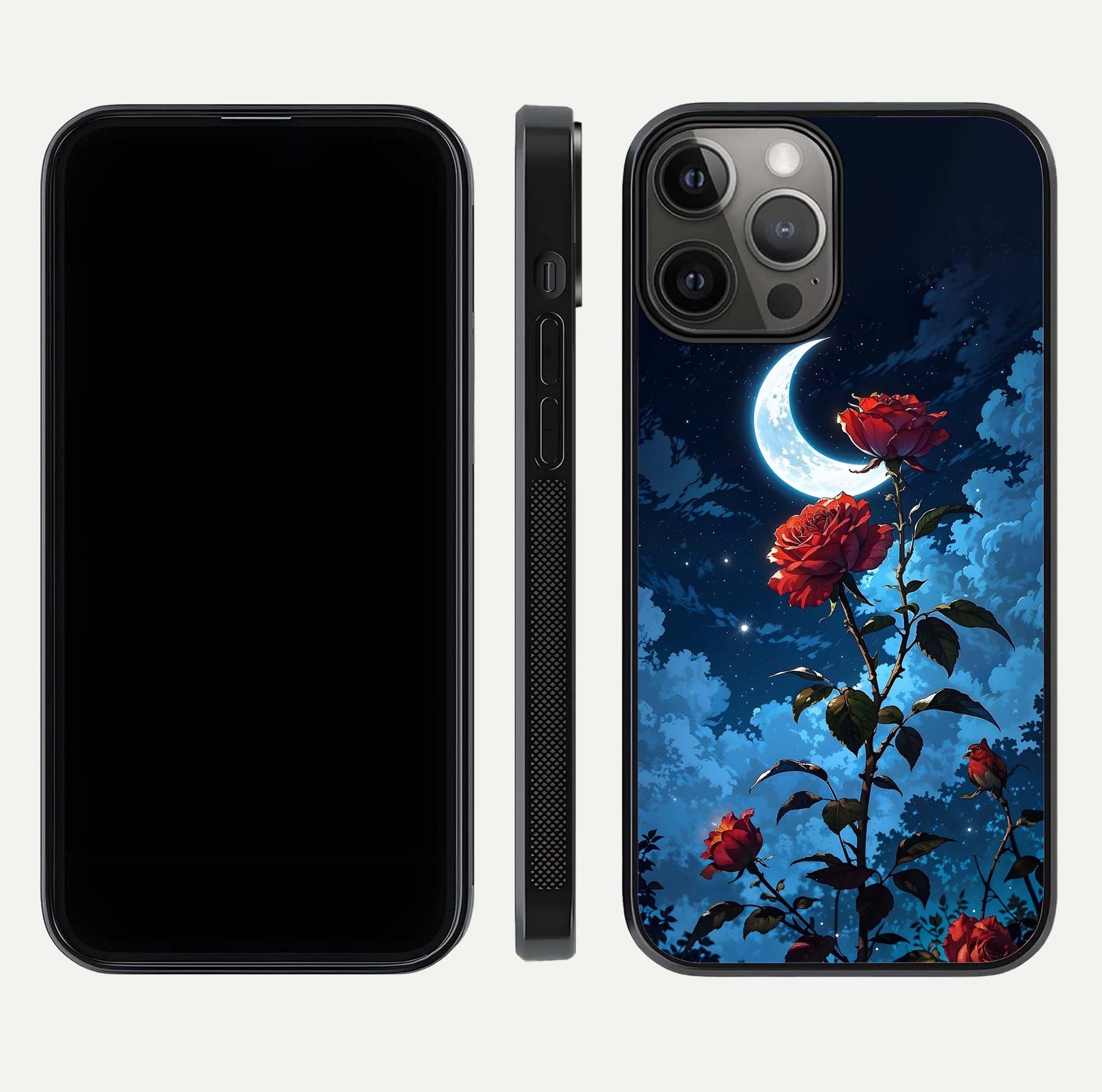 Crimson Rose Moon Glass Case for iPhone 12 Pro Max dual-view layout displaying red tones and soft gloss