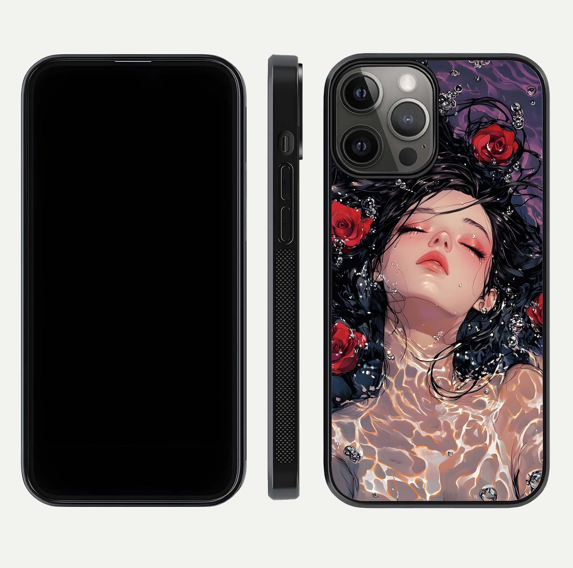Crimson Rose Serenity Glass Case for iPhone 12 Pro Max dual-view layout displaying serenity tones and curved glass