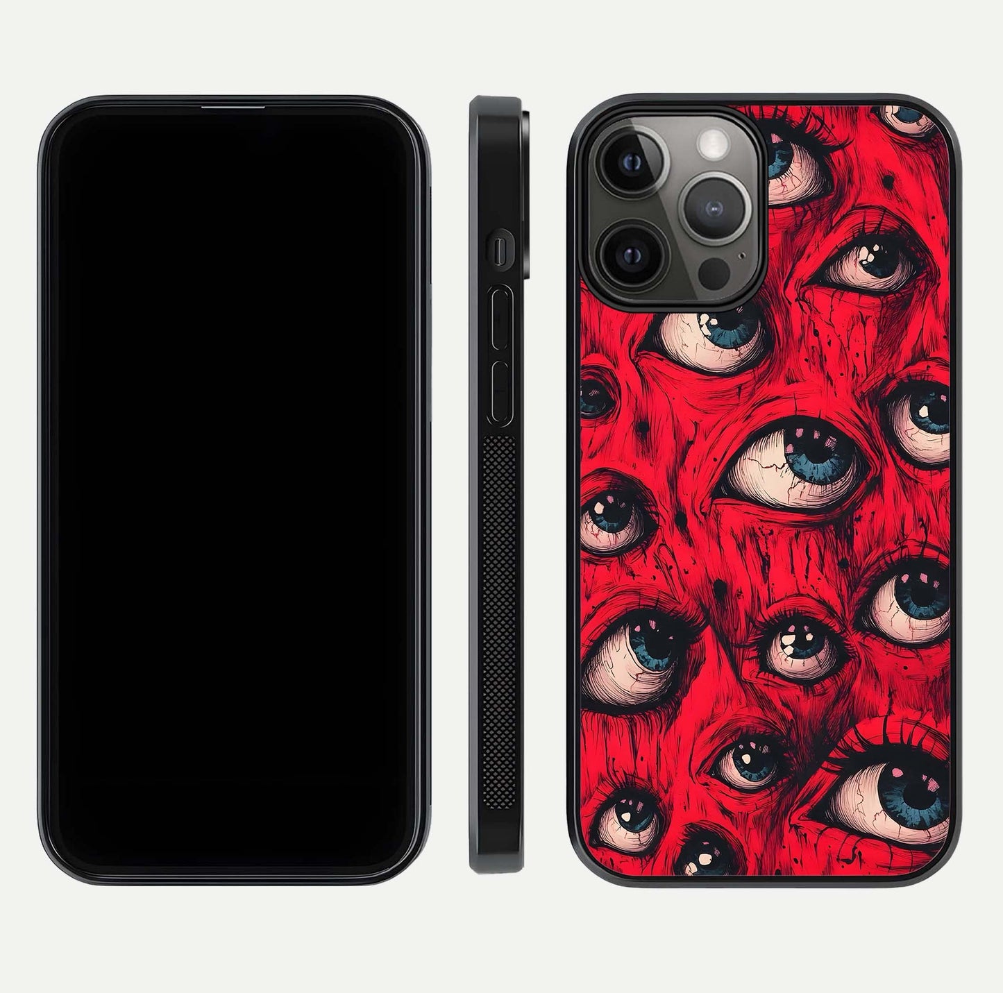 Crimson Watch Eyes Glass Case for iPhone 12 Pro Max dual-view layout displaying abstract tones and curved edges