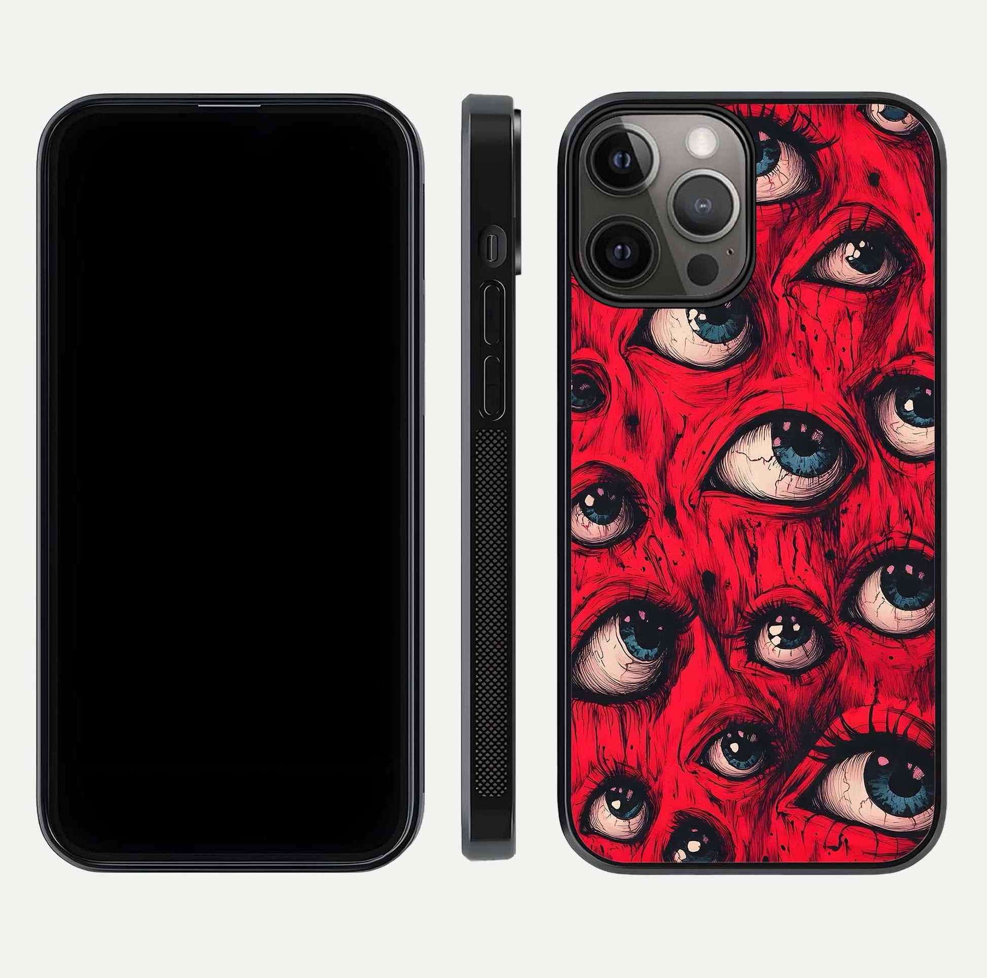 Crimson Watch Eyes Glass Case for iPhone 12 Pro Max dual-view layout displaying abstract tones and curved edges