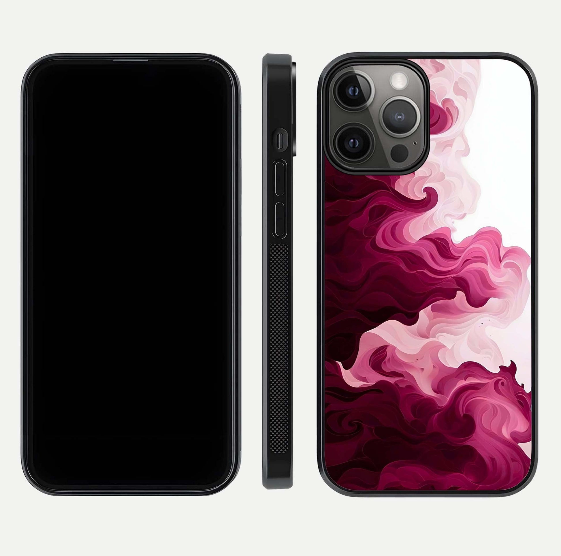 Crimson Wave Flow Glass Case for iPhone 12 Pro Max dual-view layout displaying curved wave art and polished surface