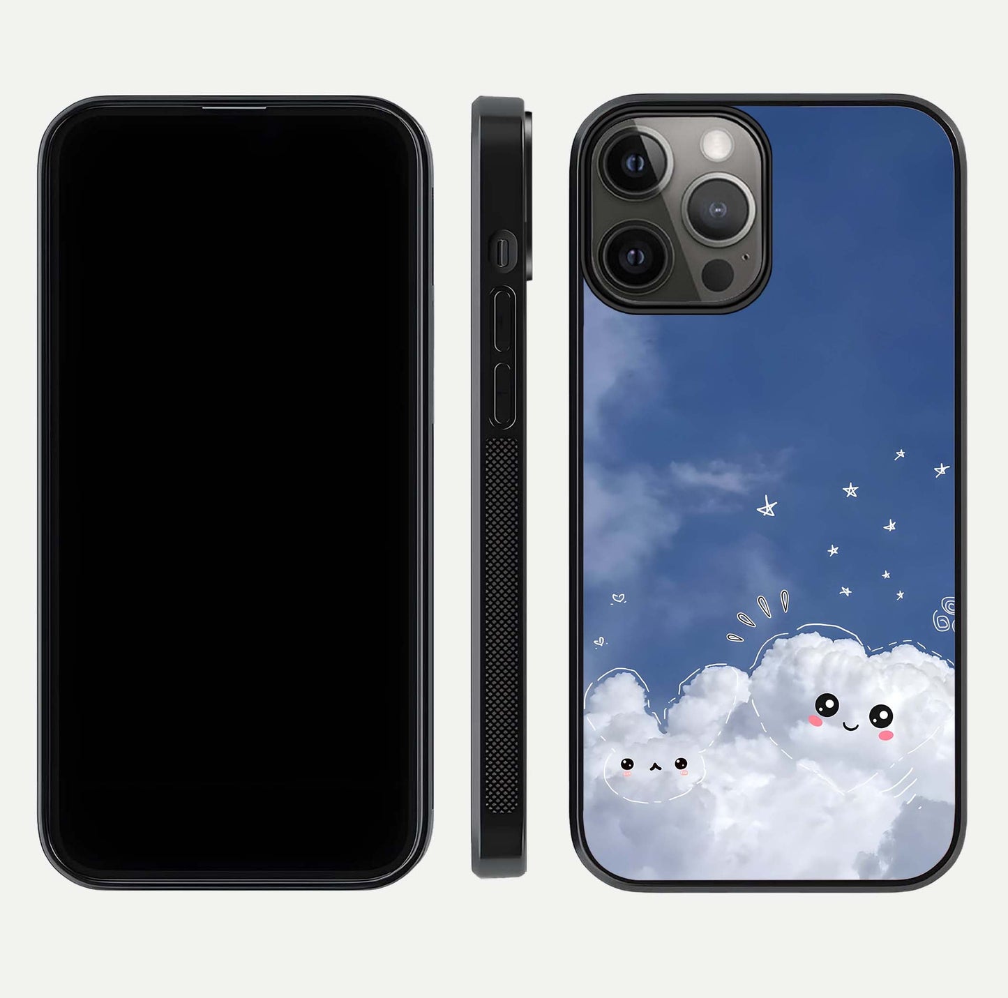 Cute Blossom Cloud Glass Case for iPhone 12 Pro Max dual-view layout displaying cute floral clouds and polished edge
